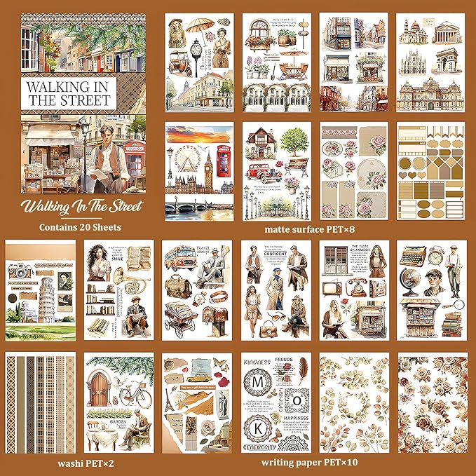 Snycler streetscape Theme Sticker Scrapbooking Supplies for Junk Journal, 20 Sheets PET Stickers - Vintage Journaling Stickers, Ephemera Sticker Book Pre Cut, Planner, Junk Journal Supplies