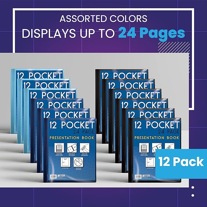 Better Office Products 12 Pocket Bound Presentation Book, Assorted Colors, Clear View Front Cover, 24 Sheet Protector Pages, 8.5" x 11" Sheets, Art Portfolio, Poly Covers, Letter Size (12 Pack)