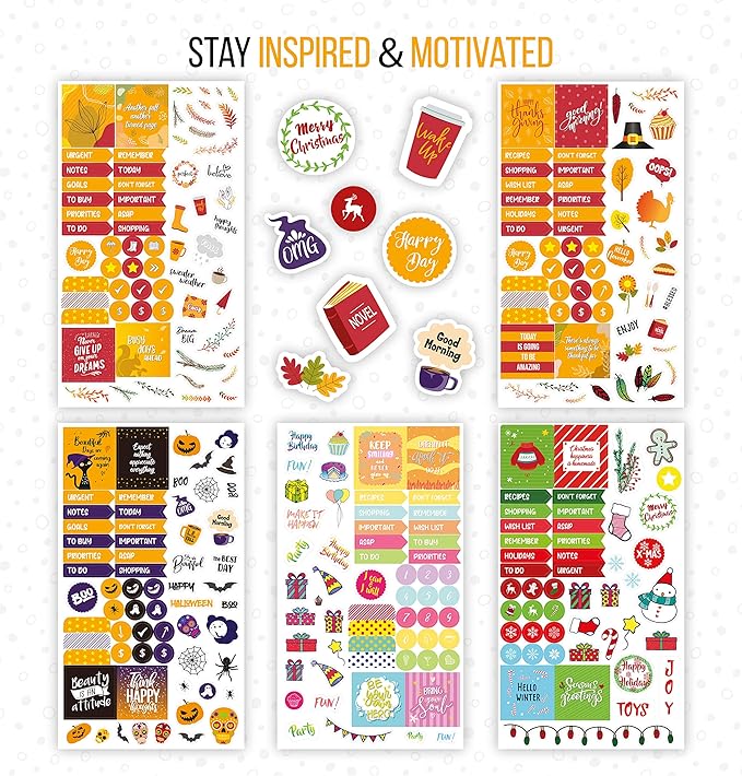 Vladi Creative Aesthetic Planner Stickers – 718 Matte Stickers / 13 Sheets – Seasonal, Holiday, Functional & Productivity – Easy-Peel – Ideal for Bullet Journals, Calendars, Scrapbooking