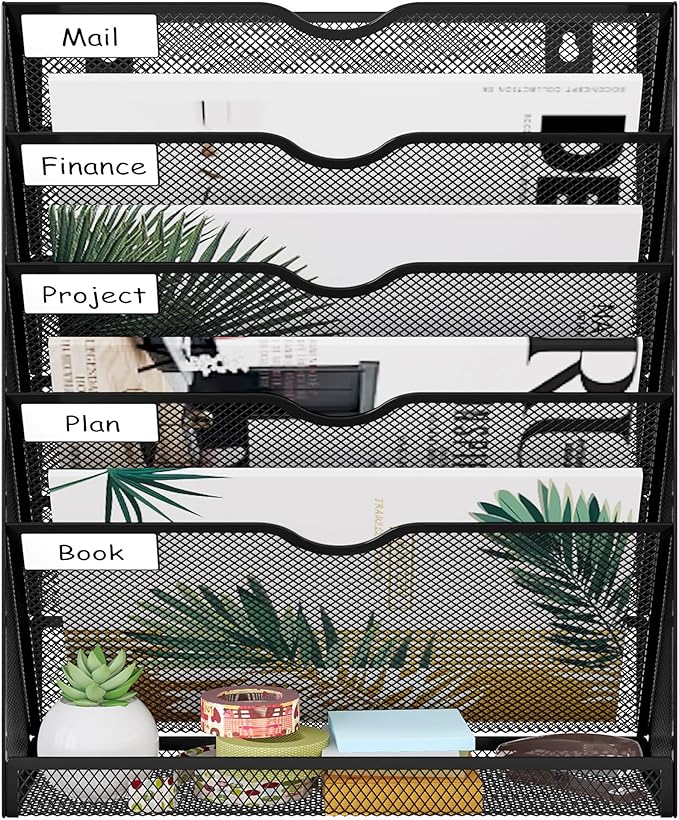 EasyPAG 5-Tier Wall File Holder, Mesh Hanging Folder Organizer with Classify Label, Versatile Desk File Organizer for Office Home, Vertical Wall Mounted Mail Sorter, Sides Closed, Black