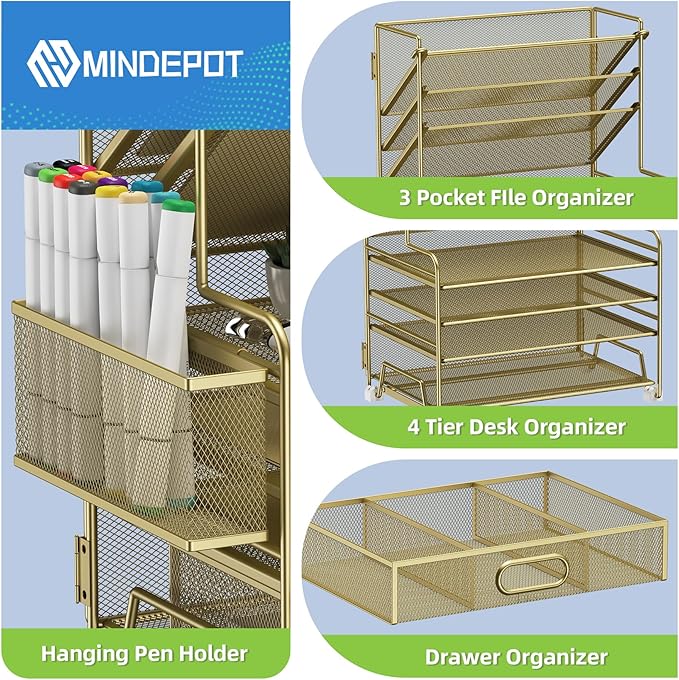4-Tier Paper Organizer + 3-Pocket File Holder + Drawer + Pen Holders, Desktop File Organizers Paper Tray for Office Supplies School Classroom Organization (Gold, with Drawer & Pen Holder)