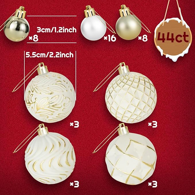 44PCS Christmas Ball Ornaments Set Xmas Tree Decoration Balls 2025 Shatterproof Hanging Colored for Party Wedding Home Party Outdoor Indoor White & Golden