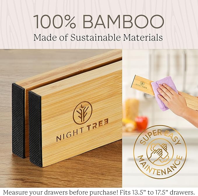 Night Tree Expandable Bamboo Drawer Dividers – Spring-Loaded Wooden Organizers for Clothes, Kitchen Utensils, Bathroom, and Dresser Drawers (13.5" to 17.5")