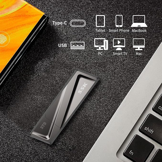 SSK 2TB USB SSD Drive 550MB/s Solid State Flash Drive Fast Transfer Speed USB 3.2 Gen2 USB C Thumb Drive Memory Stick with USB C Adapter for Type-c Smartphone, Laptop, MacBook/Pro/Air and More