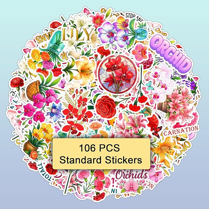 109 PCS Orchid Lily Carnation Stickers Pack, Floral Vinyl Waterproof Decals of Elegant Orchids Pure Lilies Colorful Carnations, Gift for Kids Teens Adults Scrapbook Wall Water Bottle Car