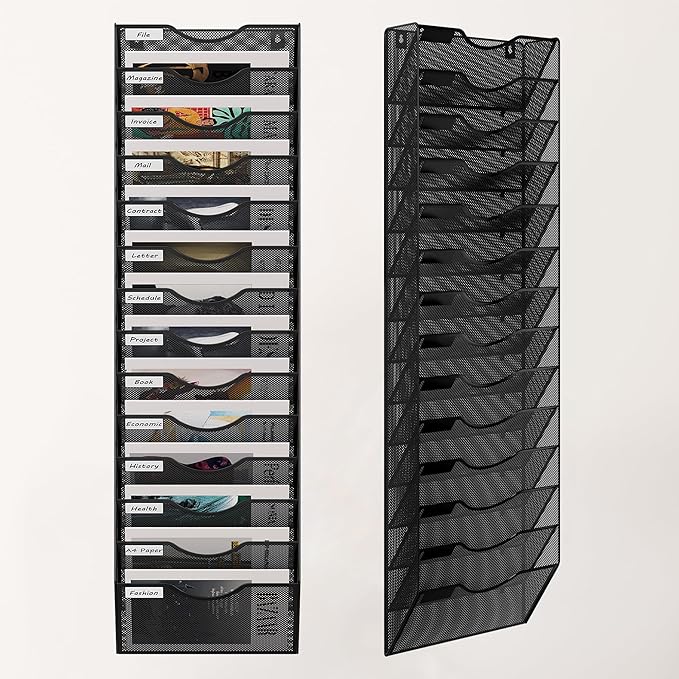 14 Tier Hanging Wall File Holder, Metal A4 Wall Mounted Document Holder, Vertical Hanging Mail Organizer, Magazine Storage Rack with Tray for Office Home Classroom, Black