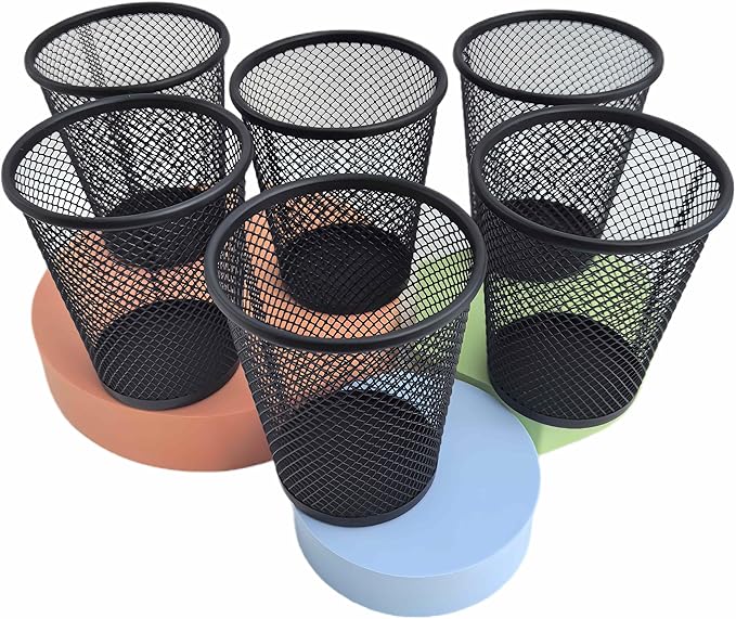 Fengtaiyuan Black Metal Mesh Pen Holder, 6-Pack Desktop Storage, Pencil Cup for Office, Desktop Organizer, Office Storage Box (T16)