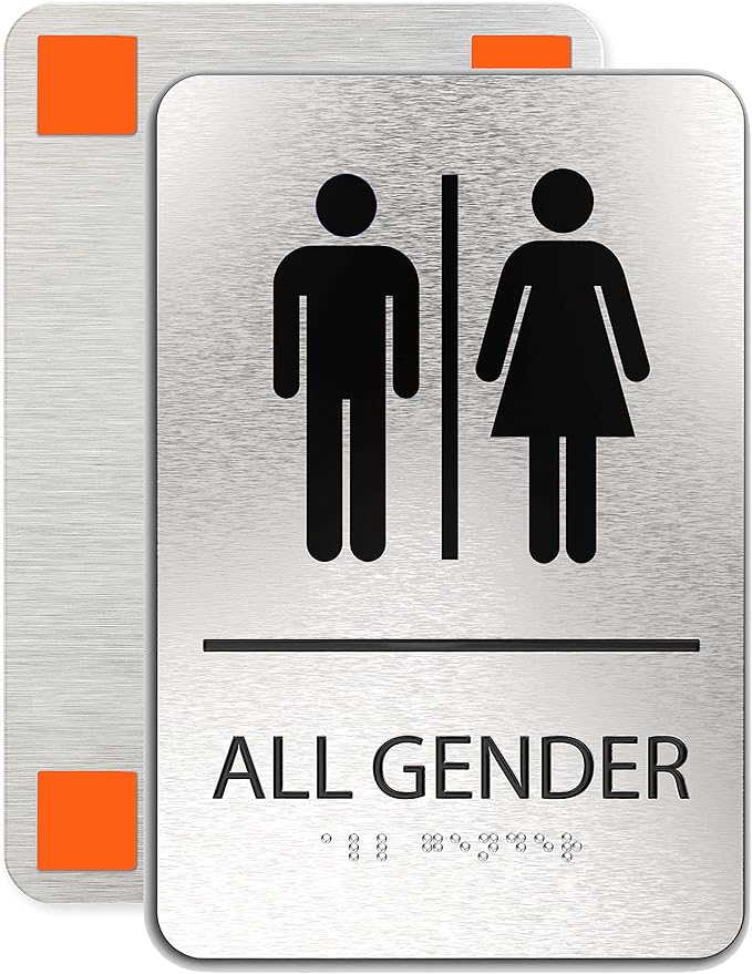 ADASigns All Gender Restroom Sign – 6" x 9" Durable Brushed Aluminum with Braille – Easy Installation with Strong Adhesive Tape – Weatherproof Men & Women ADA Bathroom Sign for Home, Office & Business