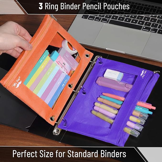 Mr. Pen- Pencil Pouch for 3 Ring Binder, 2 Pack, Orange and Dark Purple, 3 Ring Binder Pencil Pouch