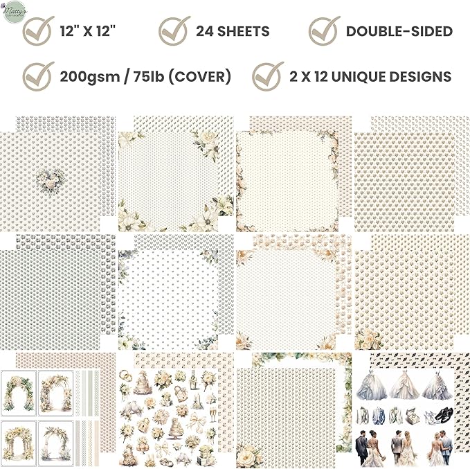 Matty's Crafting Joy Wedding Florals, Double Sided Scrapbook Paper 12x12, Patterned Cardstock 12x12, 24 Sheet Floral Scrapbook Paper Pad, Wedding Scrapbooking Supplies