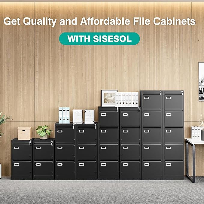 SISESOL 2 Drawer File Cabinet with Lock,Narrow Vertical Filing Cabinet,Under Desk File Cabinets,Black Metal File Cabinets for Home Office,Fit Letter Size,Files Folder,Easy Assemble