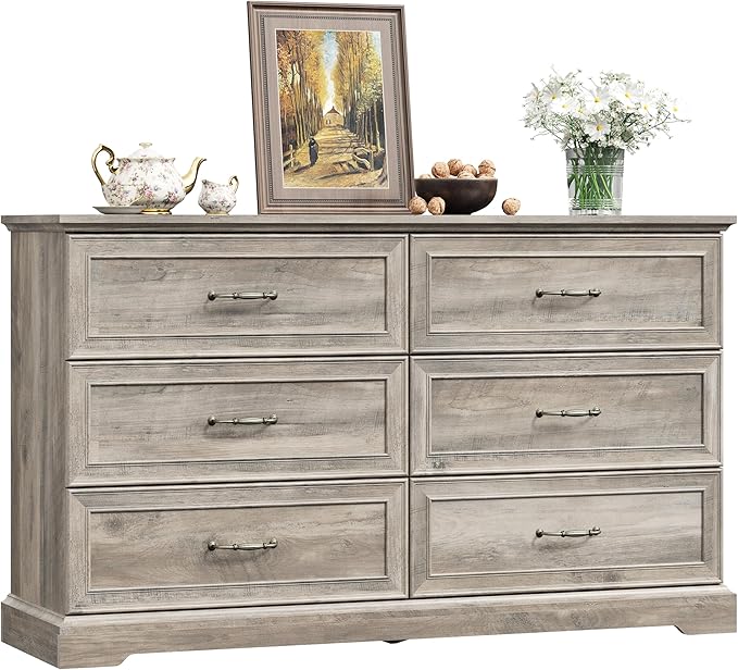 6 Drawer Dresser for Bedroom, 53" Wide Wooden Chest of Drawers, Rustic Farmhouse Dresser with Large Drawers & Metal Handles, Modern Storage Organizer for Closet, Living Room, Hallway, Grey
