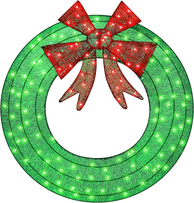 Hykolity 48 in. 3D Lighted Outdoor Christmas Wreath with 140 LED Lights & Red Bow, Christmas Holiday Yard Decoration for Garden, Porch - Green