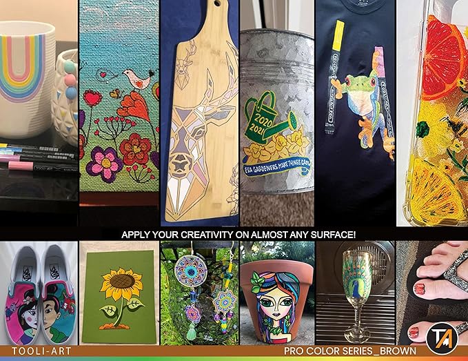 TOOLI-ART 22 Acrylic Paint Markers Pens Pro Color Series Set 3mm Medium Tip for Rock Painting, Glass, Mugs, Wood, Metal, Glass, Canvas, DIY. Non Toxic, Waterbased, Quick Drying (BROWN)