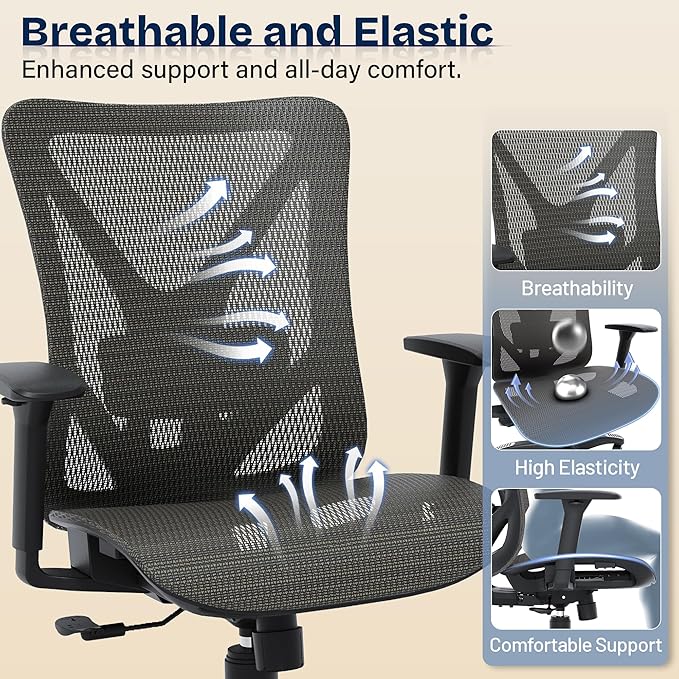 Ergonomic Office Chair, Mesh Computer Desk Chairs with Adjustable Lumbar Support, 3D Armrests, Tilt Function, Comfy Wide Seat, Swivel Executive Work Task Chair for Company and Home