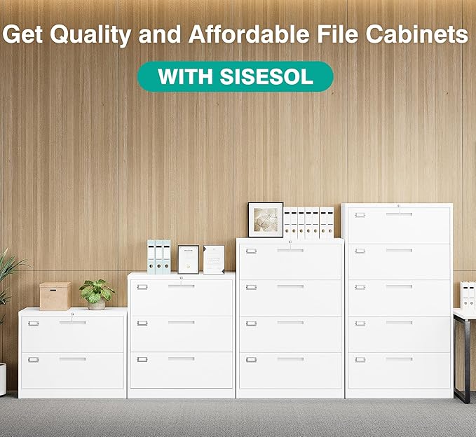 SISESOL 3 Drawer Lateral File Cabinet with Lock,White Lateral Filing Cabinet,Horizontal Metal Filing Cabinets,Locked Wide Three Drawer File Cabinets for Office Home,Fit A4/F4/Letter/Legal File