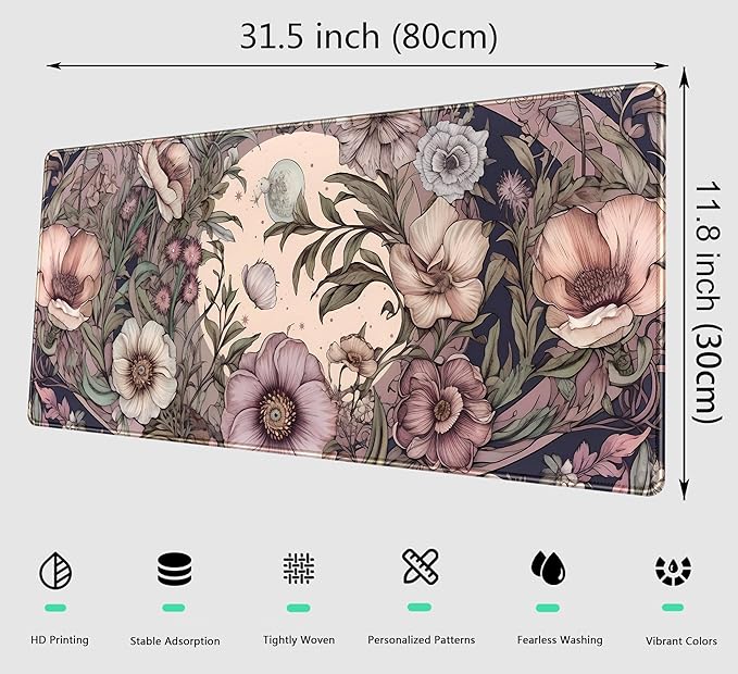 Pastel Purple Floral XL Large Gaming Mouse Pad Pink Flower Forest Desk Mat with Stitched Edges, Non-Slip Rubber Base Mousepad Laptop Computer Keyboard and Mouse Mat 31.5x11.8 in