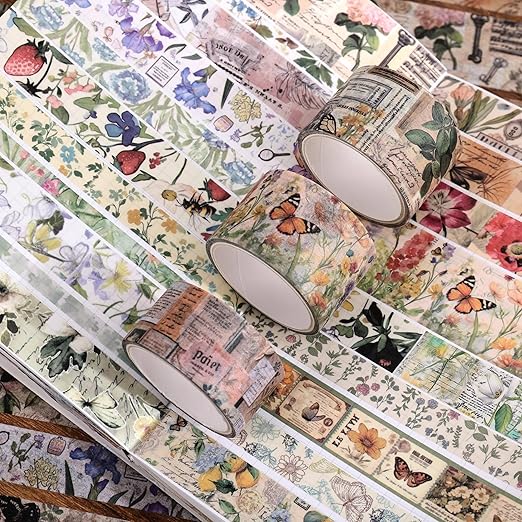 42 Rolls Vintage Washi Tape Set, Delicate Butterfly & Lush Floral Botanical Themed Writable Decorative Tapes with Retro Elements for Scrapbooking, Junk Journal Supplies, Bullet Journaling 5-25mm Wide