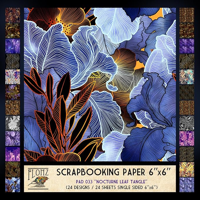 FLONZ Scrapbook Paper (24 sheets 6"x6") Nocturne Leaf Tangle ~ Dark botanical abstractions and glowing outlines in mixed digital techniques with sharp contrast and stylized layered textures