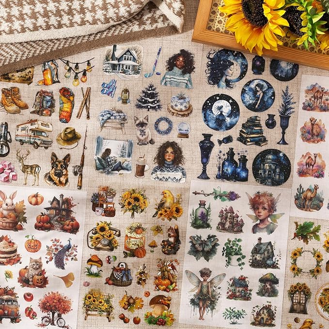 TIAMECH Harvest Overflows Sticker Book - Rich Fall Series, 20 Sheets PET & Washi Stickers for Scrapbooking, Ephemera, Waterproof Junk Journaling Supplies & DIY Crafts (Size 10.5 x 7.1in)