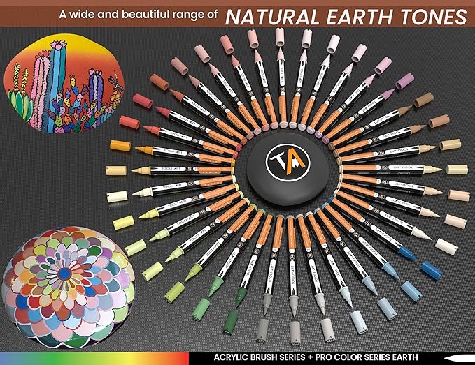 36 Flexible Brush Tip Earth Tones Acrylic Paint Pens Markers Set 1-7mm Line for Rock Painting, Brush Lettering, Glass, Mugs, Wood, Metal, Canvas, Fabric, Plastic. Non Toxic Waterbased Quick Drying