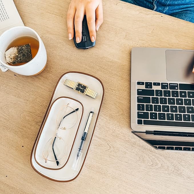 Mora Mini Ceramic Decorative Tray, 6.4 x 3.2 Inch Palm Sized Rectangle Dish for Jewelry, Perfume, Makeup, Accessories, Candle, Cute Organizer for Bathroom Vanity, Bedside, or Kitchen Counter, White