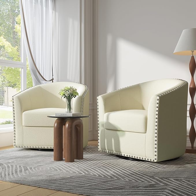UIXE 360° Swivel Barrel Accent Chair Set of 2, Modern Upholstered Arm Chair Round Club Armchair, Nailhead Trim Single Sofa Seating in Fabric for Living Room - White