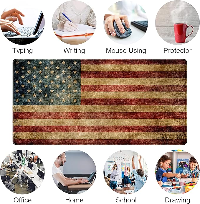 Desk Mat, Extended Gaming Mouse Pad, Large Keyboard Mouse Mat XXL, American Flag Full Desktop Mousepad with Stitched Edges & Non Slip Rubber Base Mice Pad for Office and Home 31.5"x15.75"