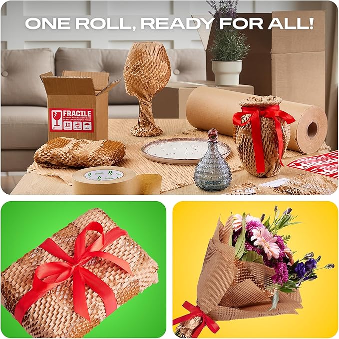 Honeycomb Packing Paper | Extra Thick 90 GSM Packing Wrap | Biodegradable Packing Materials: 15” x 200’ Moving Paper + 195’ Cellulose Adhesive Tape + 30 Fragile Stickers | Paper Bubble Wrap