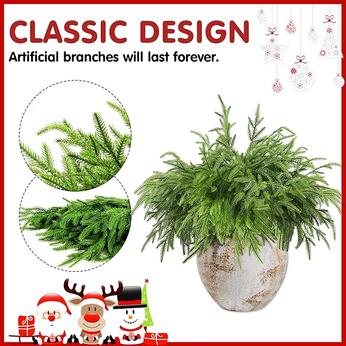 12Pcs Artificial Norfolk Pine Branches 18" Plastic Christmas Plants Decor Faux Greenery Stems Pine Picks Outdoor Faux Plants UV Resistant for Xmas Indoor, Front Porch Home Décor (12, 18inch)