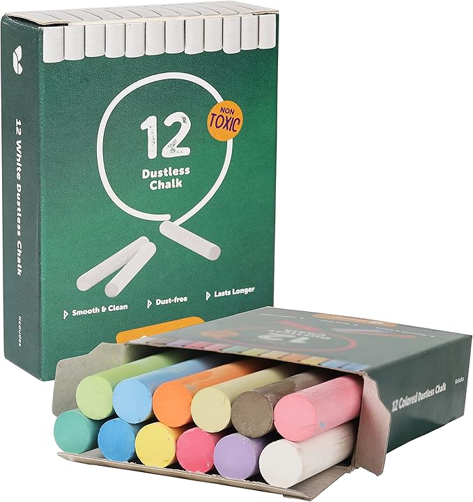 kedudes Chalk for Kids - 24 Pack Colored Chalks for Chalkboard - 12 Pack of Dustless White Chalks and 12 Pack of Assorted Colors - Chalk for Kids and Toddlers - 2 Boxes, White and Multicolor