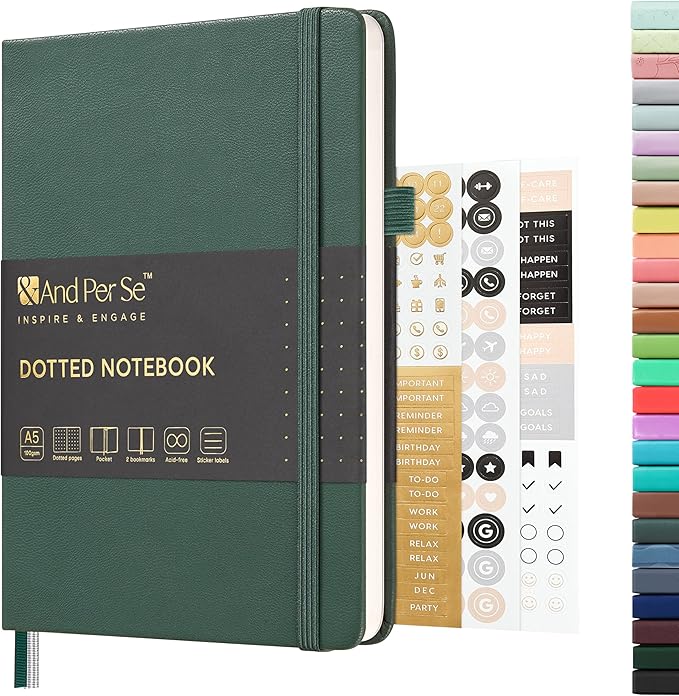 &And Per Se Dotted Journal Notebook, A5 Hardcover Leather Bullet Dotted Journal, 160 Pages 100 gsm Thick Paper, 3 Sheets of Stickers Included - 5.7'' x 8'' （Green）
