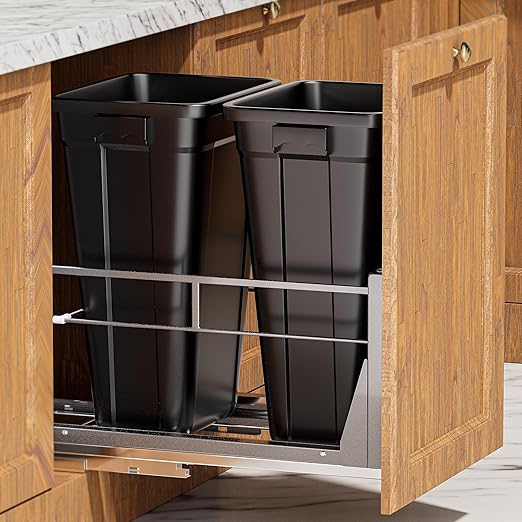 YJHome Pull Out Trash Can Under Cabinet with 2 * 10Gal Garbage, Cabinet Trash Can Pull Out Kit with Soft-Close Slides, Under Sink Trash Can with Door Mounting Kit for Minimum Opening 18" W