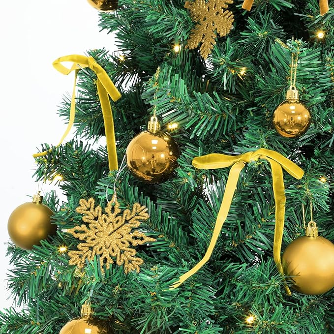 86Pcs Led Light Champagne Gold Christmas Tree Decorations Set 100 Led Light Christmas Star Trees Topper with String Lights Xmas Balls Snowflakes Ornaments Bows Xmas Trees Decor 20m Light String