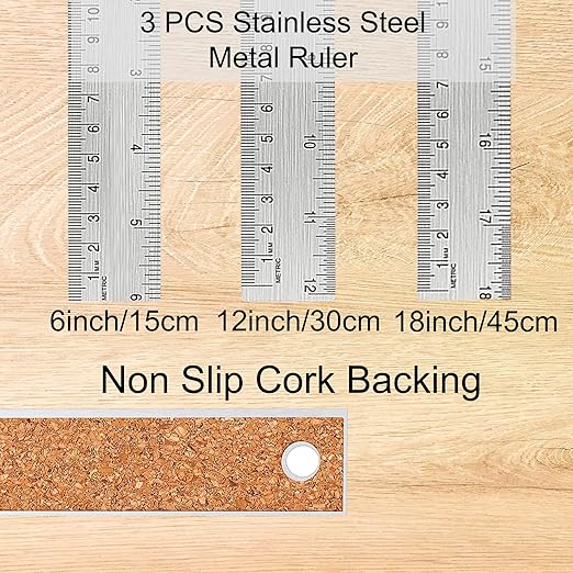 Metal Ruler Set [6+12+18 Inch] – Stainless Steel Rulers with Cork Backing, Non-Slip Measuring Tools with Inch & Centimeter Markings, Drafting and Office Use, Prevents Ink Leakage