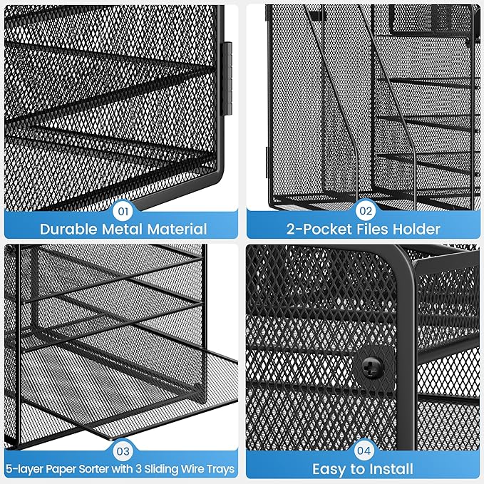 Lavatino Desk Organizer, 5-Tier Metal Mesh Paper Letter Tray with 2 File Holders & 7 Flexible Dividers for Office or Home Desk Organizers and Accessories, Keep Workspace Supplies Neat, Black