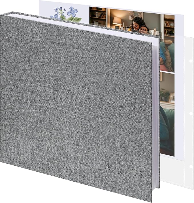 Vienrose 12x12 Inch Scrapbook 3 Ring Binder Photo Album, Linen Cover DIY Scrapbooks with 30 Sheets Plastic Sleeves and 60 Pages Scrap book White Inner Pages for Wedding Baby Travel Grey