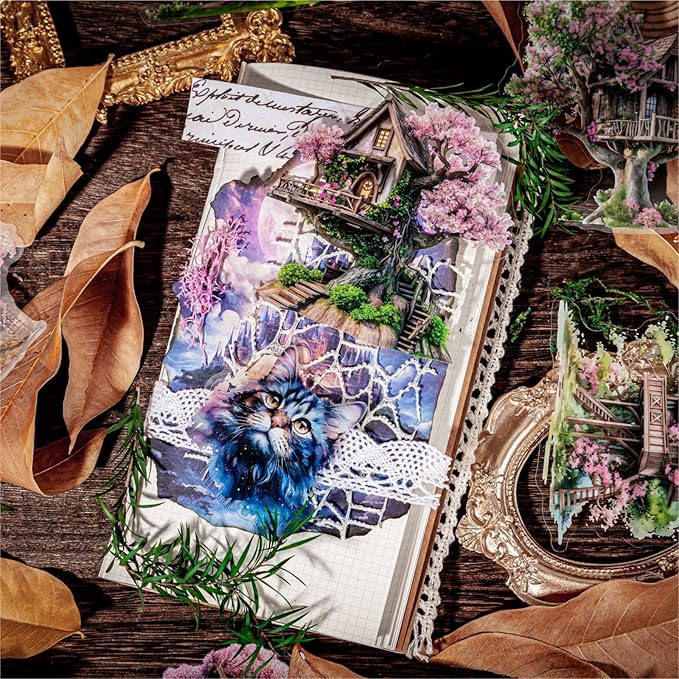 64 Pieces Aesthetic Fantasy Tree House PET Sticker Set, 4 Pack Vintage Magic Tree House Stickers for Scrapbooking, Journaling, DIY Crafts Arts, and Junk Journal Supplies