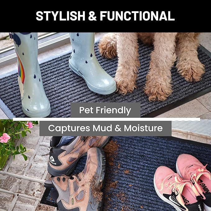 Sierra Concepts Front Door Mat Welcome Floor Mats - Entryway Indoor Outdoor Entrance Doormat, Patio, Porch, Muddy Shoe, Inside Outside Low Profile, 36x24 inches, 2-Pack Gray