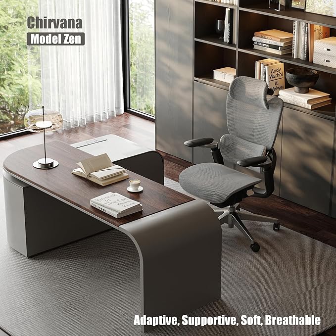 Ergonomic Office Chair, Mesh Home Office Desk Chair with Adjustable Lumbar Support, Gaming Chair with Headrest, 5D Armrest,90-130°Tilt, BIFMA Certified, Model Zen (Grey)