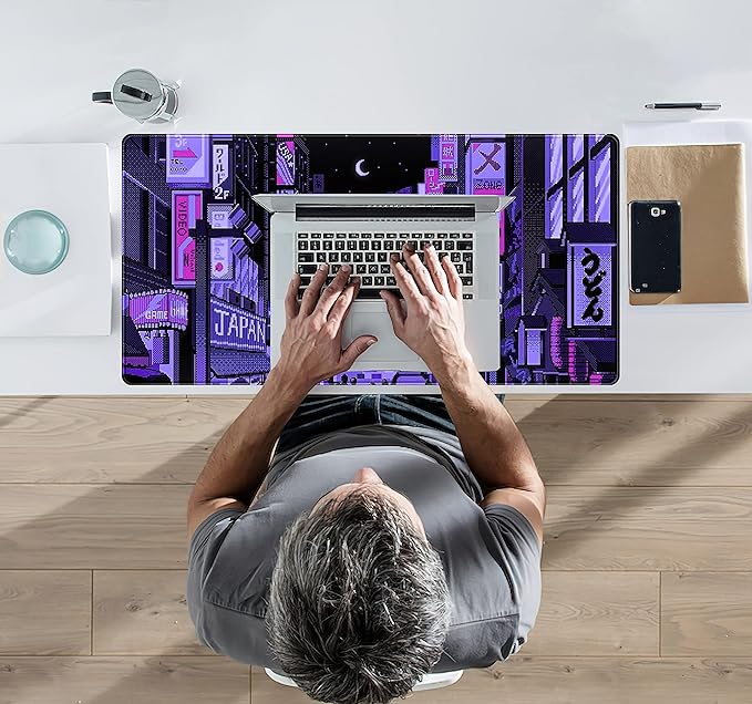 Tokyo Street Desk Pad Purple, Cute Retro Large Gaming Mouse Pad, Japanese Anime Laptop Keyboard Mouse Mat XXL, Aesthetic Neon Pixel Skyline/City Desk Mat, Desk Decor Pads for Women 31.5"x15.75"