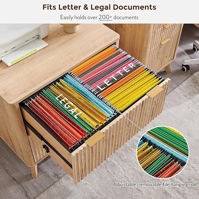 T4TREAM 2 Drawer File Cabinet, 30" Fluted Lateral File Cabinet w/Files Hanging Rod for Letter/Legal/A4, Large Tabletop for Printer, Office Wood Printer Cabinets, Natrual Oak