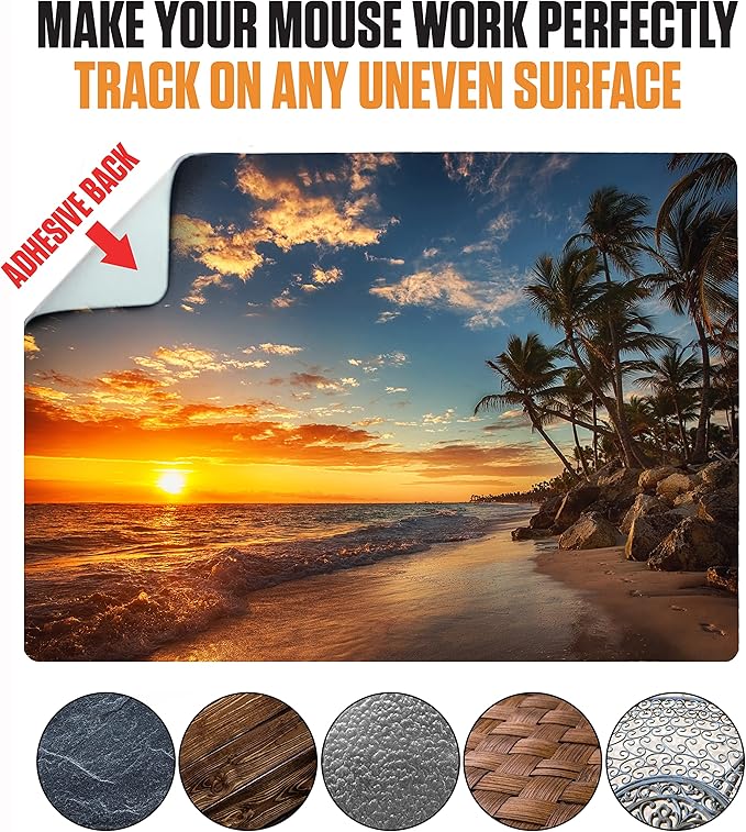 Mouse Pad Adhesive Bottom - Sticks to Any Surface - Portable - Webcam Covers and Screen Cleaner Included (2 Pack - Beach Set)