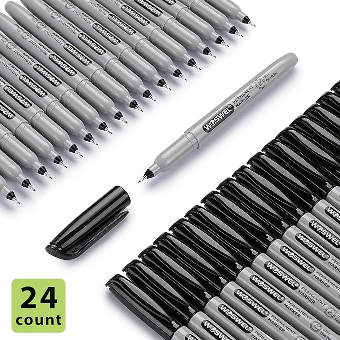 Ultra Fine Permanent Marker Bulk,24 Pack Ultra Fine Point Black Permanent Marker set, Felt Tip Pens Works on Plastic, Wood, Stone, Metal and Glass for Doodling, Marking