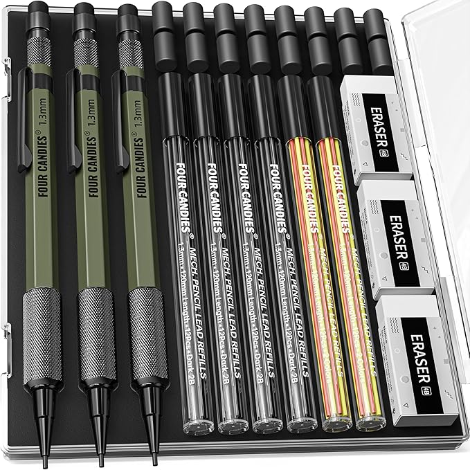 Four Candies 1.3mm Mechanical Pencil Set with 72 Lead Refill, 3PCS Metal Weatherproof Body Heavy Duty Carpenter Pencil, 3 Eraser, 16 Eraser Refill, for Outdoor Woodworking Drafting Marking with Case