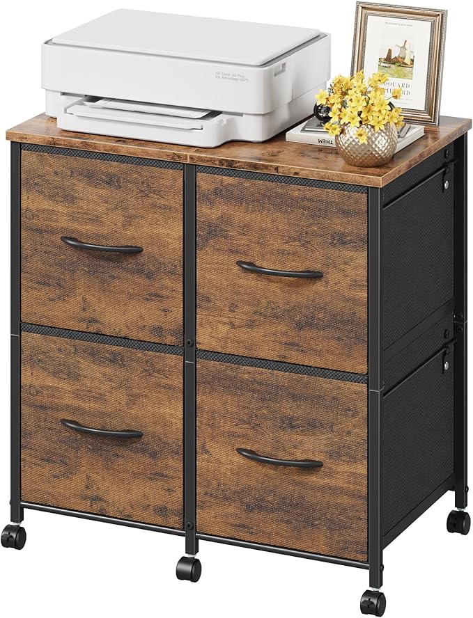 4 Drawer Lateral File Cabinet, Mobile Filing Cabinet for Large Printer, Home Office Functional Small Office Storage Cabinet & Printer Stand, Fabric Drawer, Fits Letter/A4, Rustic Brown