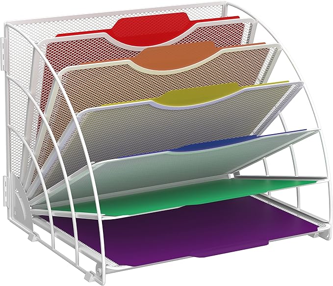 SUPEASY Fan Shaped Desk File Organizer, 6 Compartments for Filing Paper Bills, Letters, Desk Accessories for Workspace, School, Office, Waiting Room, Classroom Storage, White