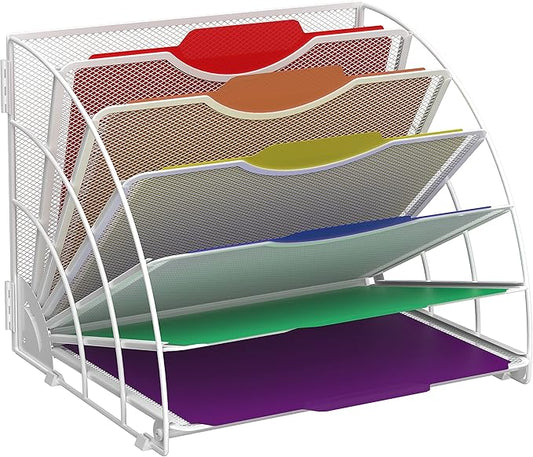 SUPEASY Fan Shaped Desk File Organizer, 6 Compartments for Filing Paper Bills, Letters, Desk Accessories for Workspace, School, Office, Waiting Room, Classroom Storage, White