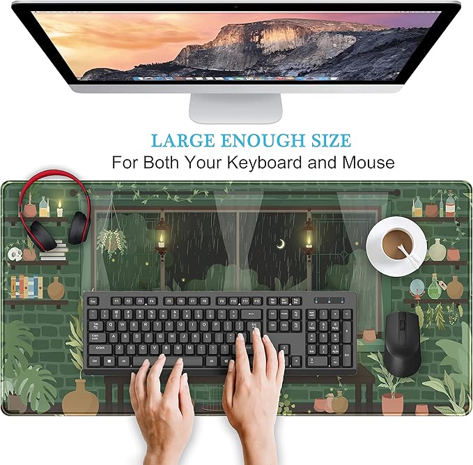 Cute Rainy Night Desk Mat Green Plants Desk Pad, Anime Black Cat Kawaii Large Gaming Mouse Pad, Moonlight Fireflies Deskmat Aesthetic Mousepad XXL, Laptop Keyboard Pad for Women Desk 31.5"x15.75"
