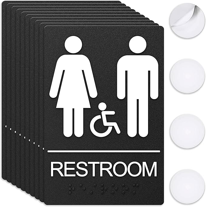 ASSURED SIGNS Unisex Bathroom Signs, Restroom Sign For Business - For Unisex Men and Women - 10 Pack - 9" by 6" - ADA Compliant with Braille and Handicap Symbol - Strong Double-Sided Adhesives Included - Apply to Door or Wall